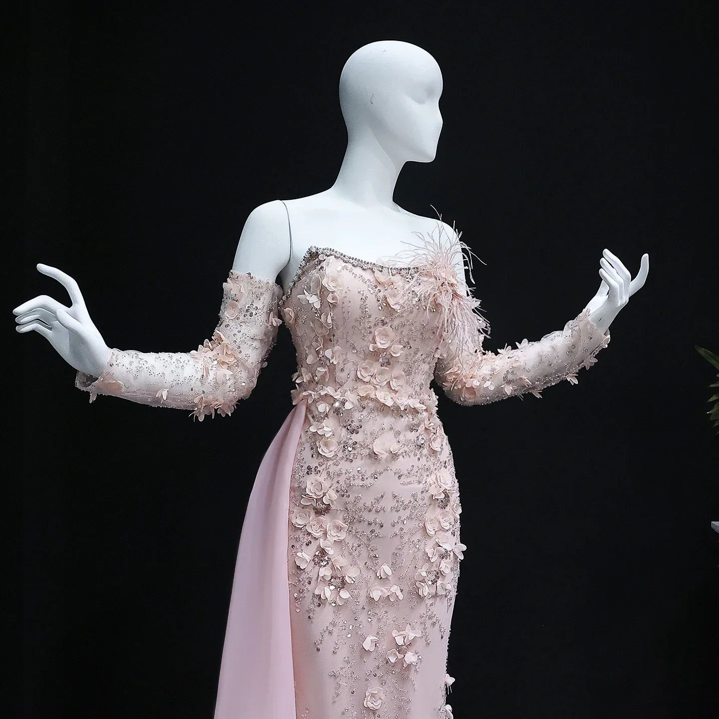 3D Flowers Feathers Mermaid Evening Dress with Sleeves