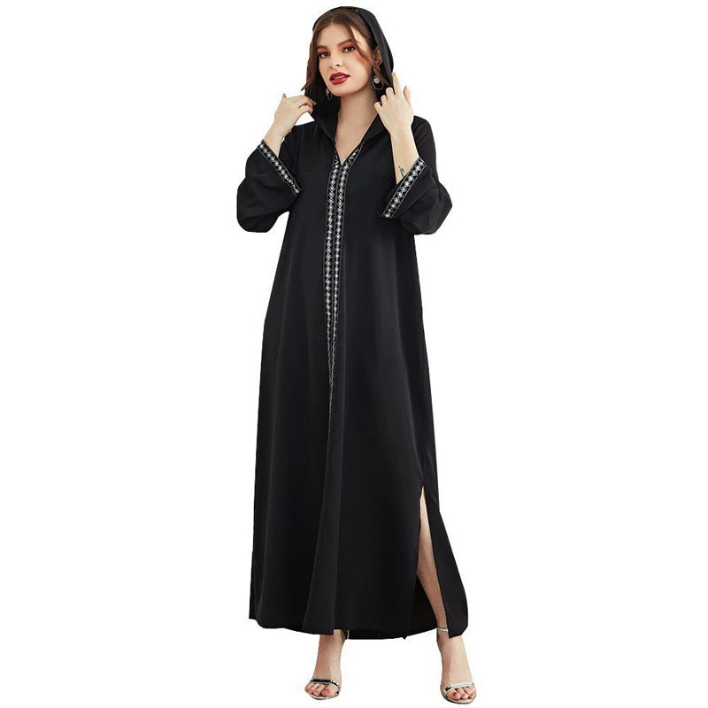 Arab Dress V Neck Black Robe Hooded Dress