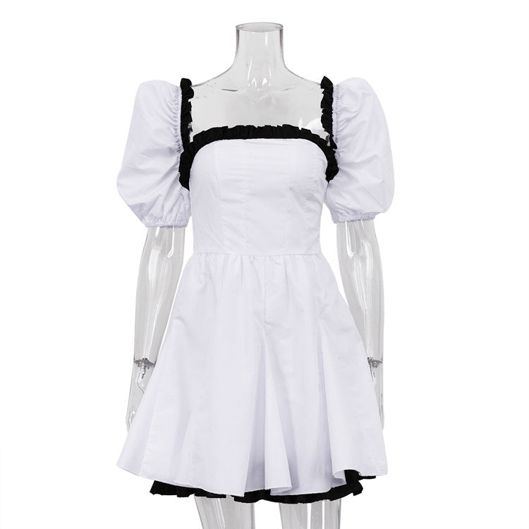 Black White Contrast Color Square Collar Puff Sleeve Backless Dress High Sense