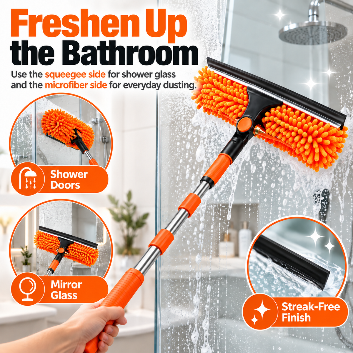 14Ft Extendable Window Cleaning Duster with Squeegee & Fan Duster Attachment