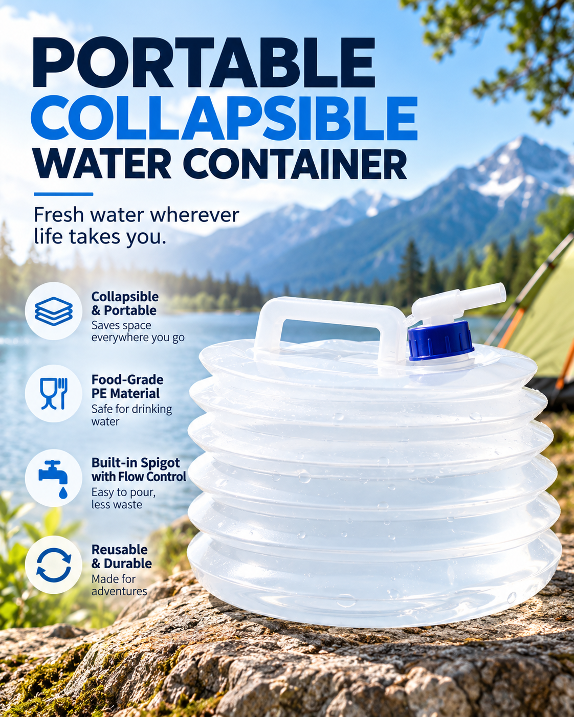 Collapsible Water Container with Spigot, Food-Grade PE BPA-Free Portable Collapsible Water Jug for Camping, Hiking, Road Trips & Emergency, 5L /10L /15L