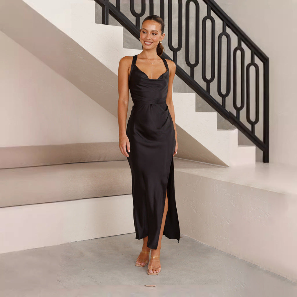 Backless Dress Solid Color Split Maxi
