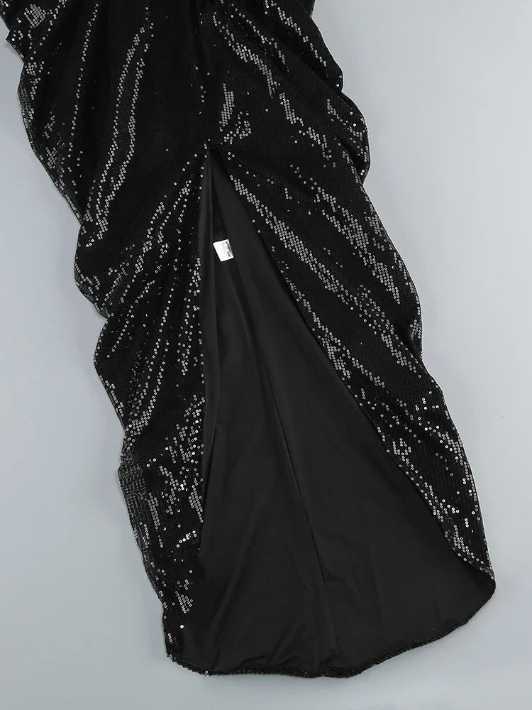 3D Flower Shiny Sequins Folds Long Dress