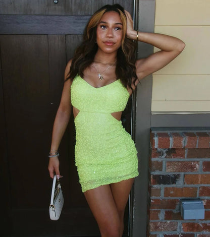 Penny Sequin Beaded Mesh Cutout Mini Dress