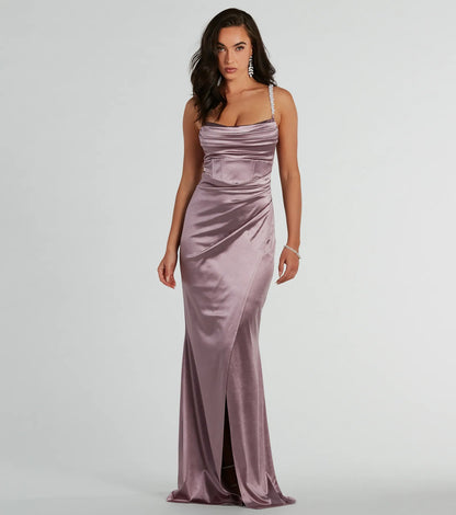 Sam Faux Pearl Strap Mermaid Satin Formal Dress