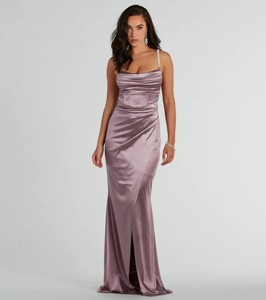 Sam Faux Pearl Strap Mermaid Satin Formal Dress