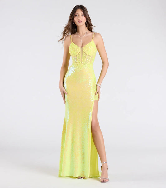 Antonia Lace-Up Corset Slit Sequin Formal Dress