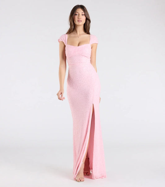 Greta Short Sleeve Lace-Up Slit Beaded Formal Dress