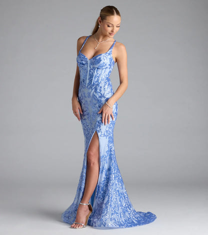 Jaide Lace-Up Corset Slit Sequin Formal Dress