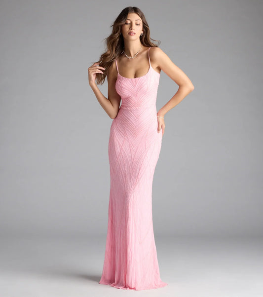 Betsey Lace-Up Mermaid Sequin Bead Formal Dress