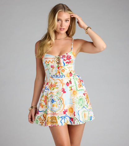 Getaway Bound Lace-Up Print A-Line Dress