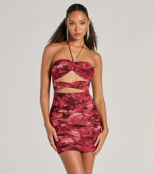 Resort Approved Halter Cutout Abstract Mini Dress