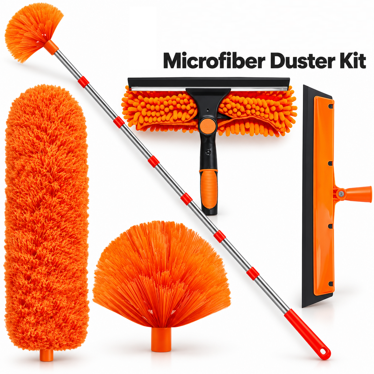 14Ft Extendable Window Cleaning Duster with Squeegee & Fan Duster Attachment