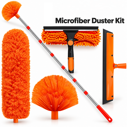 14Ft Extendable Window Cleaning Duster with Squeegee & Fan Duster Attachment