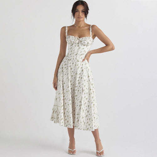 Backless Slim Fit Strap Dress Vacation Floral Split Mid Length Dress