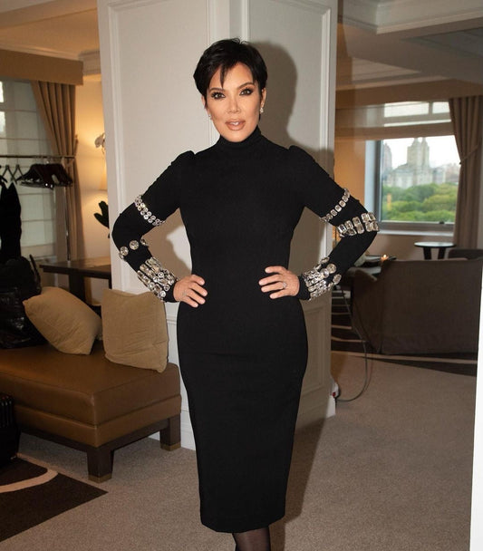 Black Heavy Industry Rhinestone Long Sleeve Turtleneck Bandage One Piece Dress Slim Fit Slimming Knitted round Neck Winter
