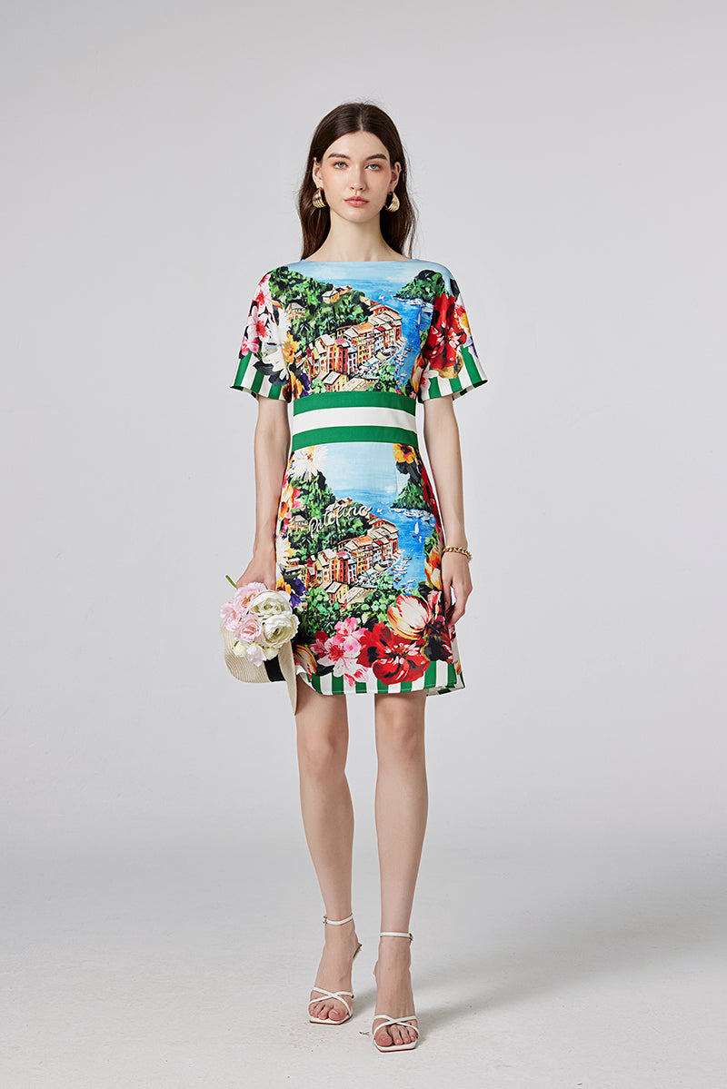 Arrival One line Collar Printed Short sleeved Tight Waist dress High Waist Slim fit Dress