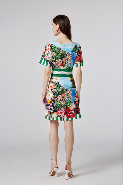 Arrival One line Collar Printed Short sleeved Tight Waist dress High Waist Slim fit Dress