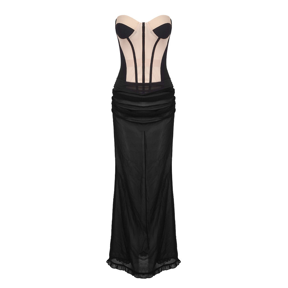Apricot Mesh Black Chiffon Dress Two Piece Set Skirt Sets