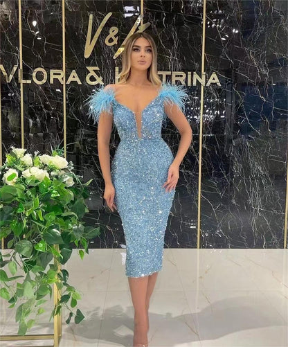 Blue Feather Deep V Plunge Sequined Sleeveless Nightclub Evening Dress Party