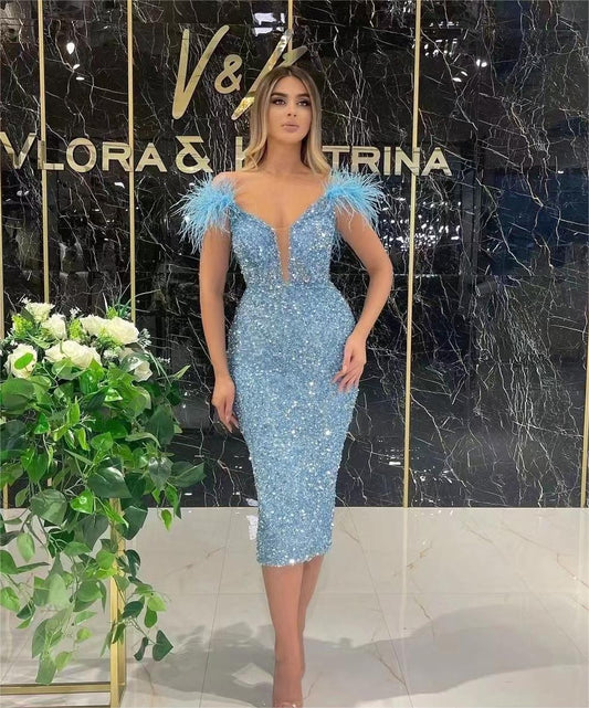 Blue Feather Deep V Plunge Sequined Sleeveless Nightclub Evening Dress Party