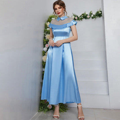 Blue Mesh Maxi Dress High Waist A line Dress