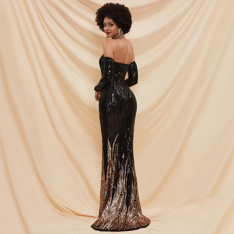 Black Tube Top off-Shoulder Annual Party Host Sequined Small Trailing Evening Dress Formal Gown