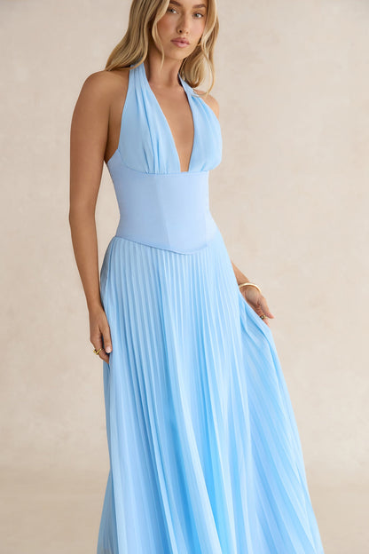 Paradise Falls Plisse Halter Maxi Dress Light Blue