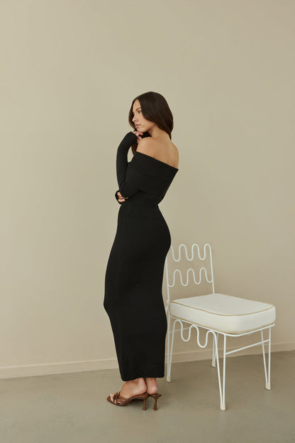 Angels Sing Off Shoulder Knit Maxi Dress Black