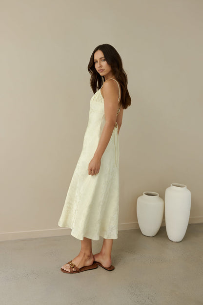 Kaiya Jacquard Satin Midi Dress Yellow
