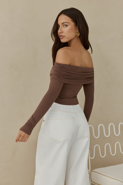 Autumn Dreamer Long Sleeve Off Shoulder Top Brown