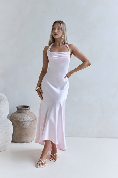 Lucky In Life Satin Halter Maxi Dress Pink
