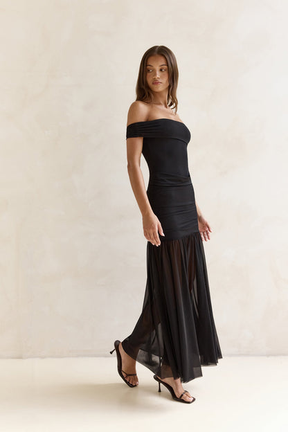 Serene Twilights One Shoulder Mesh Maxi Dress Black