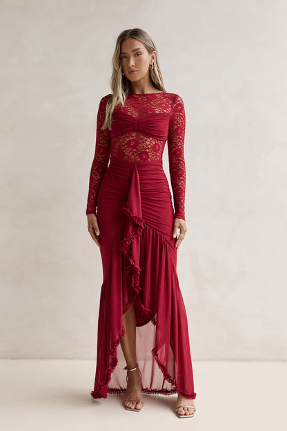 Flirtation Hour Lace Long Sleeve Maxi Dress Burgundy