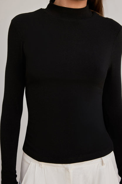 BASE Form Luxe Knit Simple High Neck Long Sleeve Top Black