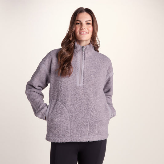 Priya Womens Relaxed Fit Sherpa Fleece Zip Neck - Lavender Grey