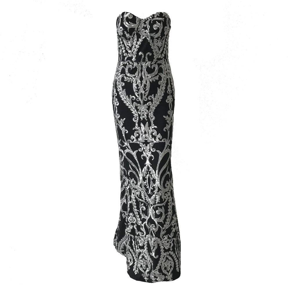 Bandeau One-Shoulder Vintage Sequined Mopping Evening Dress Elegant Evening Fishtail Dress Formal Gown