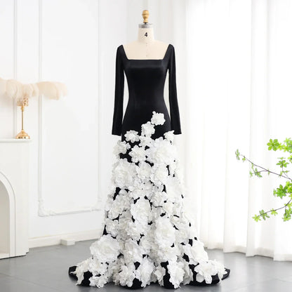 3D Flowers Black Velvet Strapless Evening Dress with Gloves