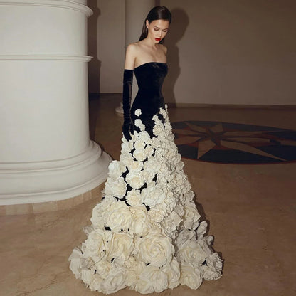 3D Flowers Black Velvet Strapless Evening Dress with Gloves