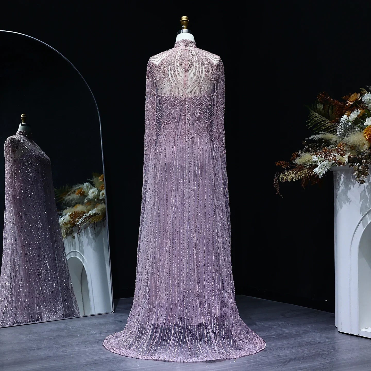 Beaded Nude Kaftan Evening Dress