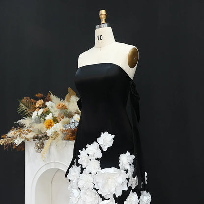 3D Flowers Black Velvet Strapless Evening Dress with Gloves
