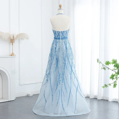 Beaded Halter A-Line Tulle Evening Dresses