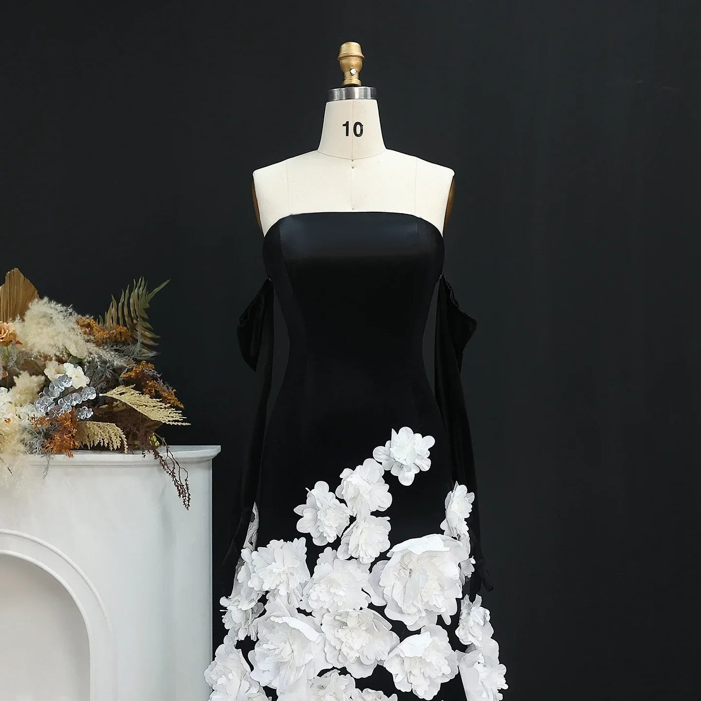 3D Flowers Black Velvet Strapless Evening Dress with Gloves
