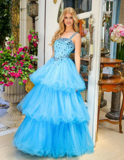 Blue Sparkling Beads Prom Dresses with Tulle Curly Edge