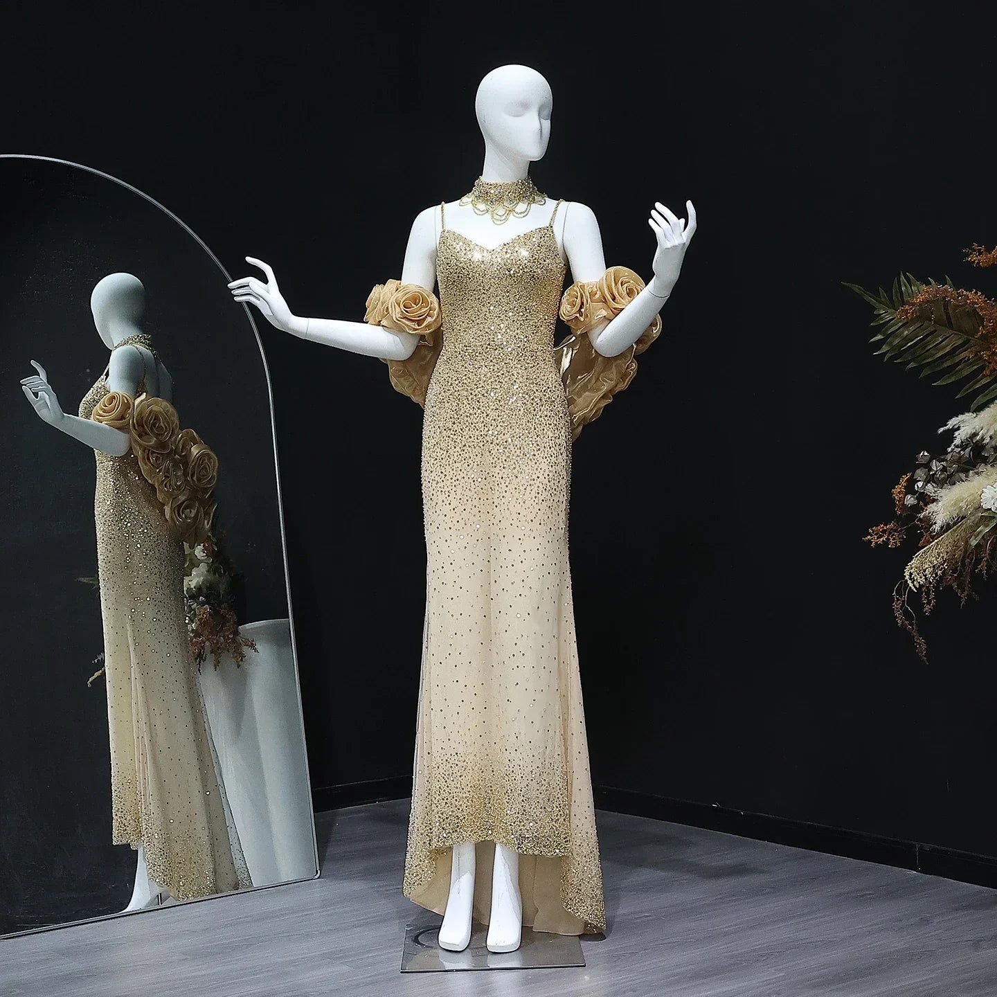 3D Flowers Gold Chokers Evening Dress with Cape
