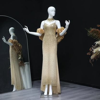 3D Flowers Gold Chokers Evening Dress with Cape