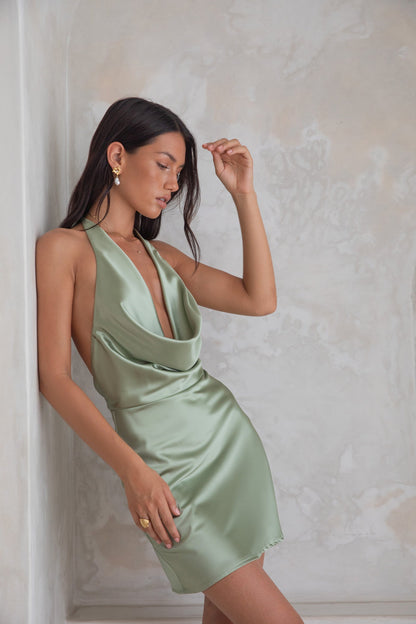Beyond The Valley Satin Halter Mini Dress Sage