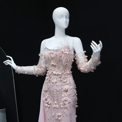 3D Flowers Feathers Mermaid Evening Dress with Sleeves