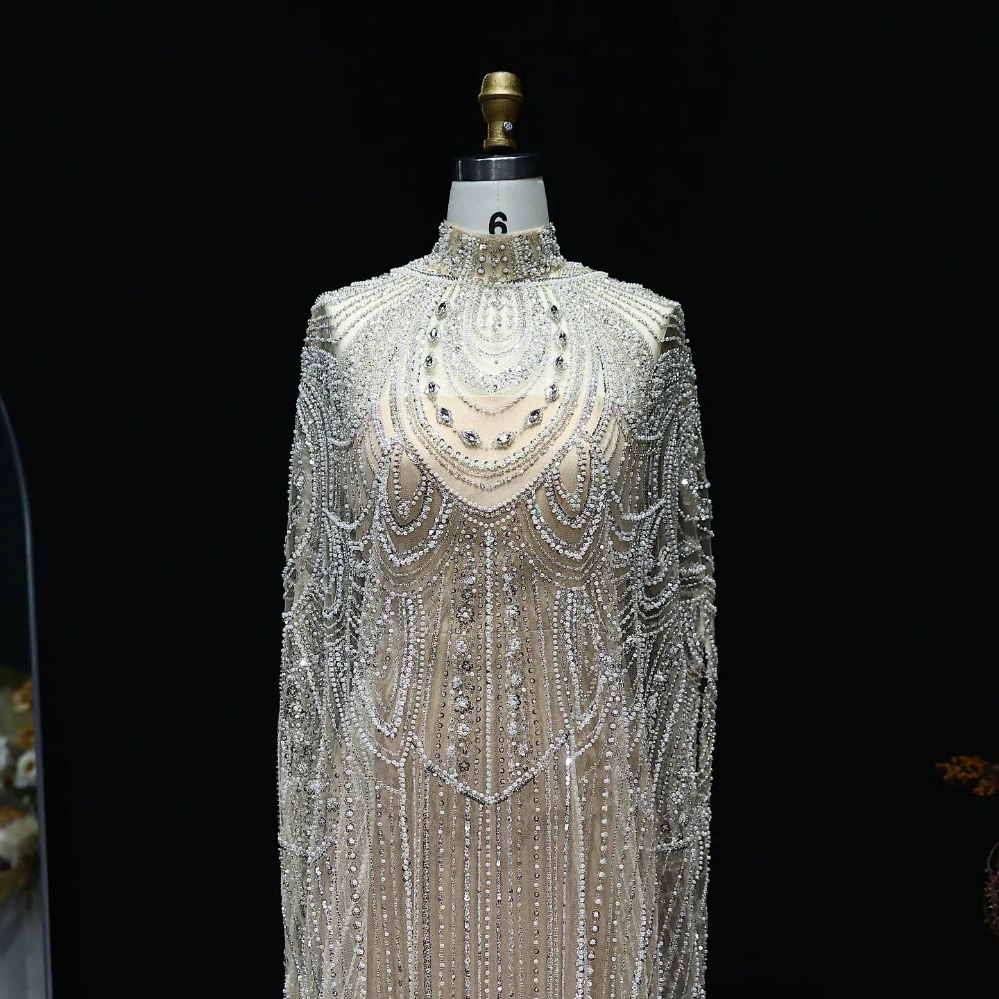 Beaded Nude Kaftan Evening Dress