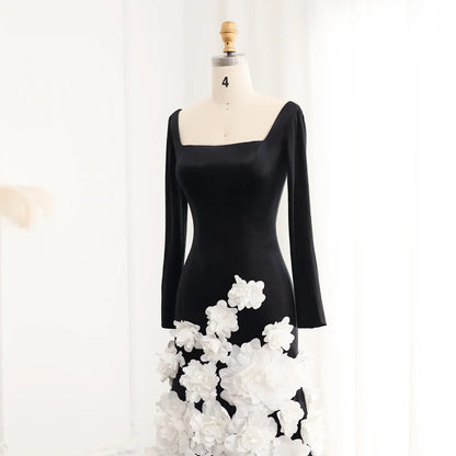 3D Flowers Black Velvet Strapless Evening Dress with Gloves